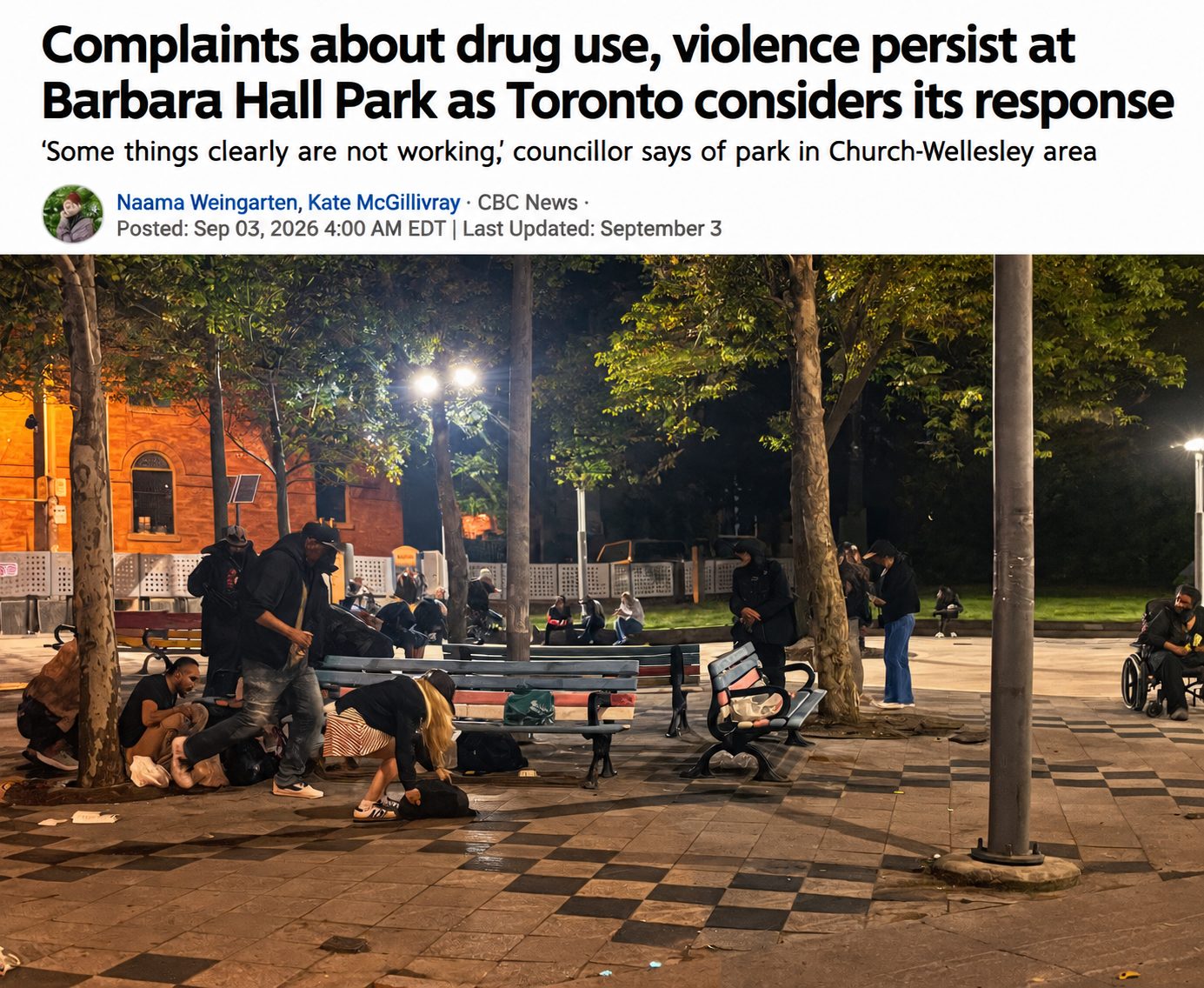 CBC News headline “Complaints about drug use, violence persist at Barbara Hall Park as Toronto considers its response” over a night photo of people gathered on the park’s benches and pavement