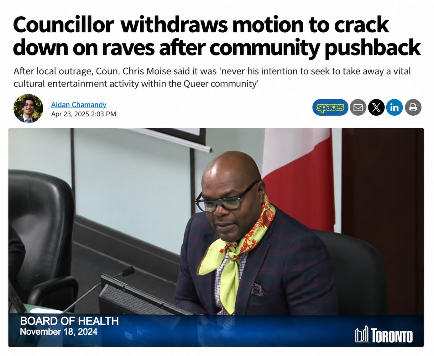 News headline “Councillor withdraws motion to crack down on raves after community pushback” above a photo of Chris Moise at a Board of Health meeting