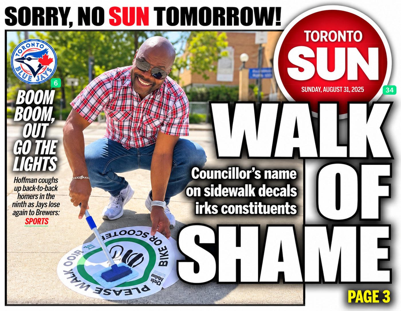 Toronto Sun front page “Walk of Shame: Councillor’s name on sidewalk decals irks constituents” showing Chris Moise installing a walk-your-bike decal